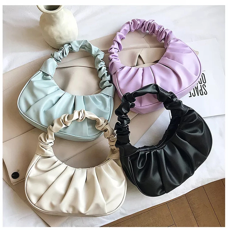 Retro Women Pleated Cloud Bag Designer PU Leather Wrinkled Handle Armpit Bag Solid Tote Ruched Wild Female Purse Handbags Portable Flower Handle Bag